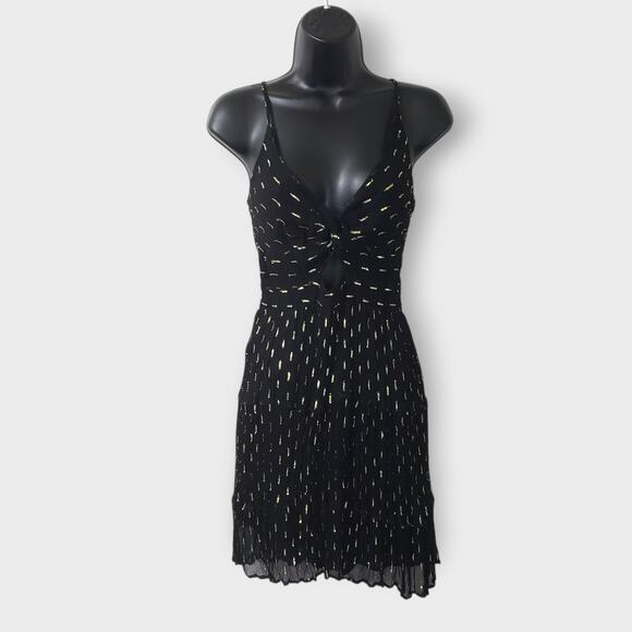 Angie Womens Keyhole Cutout Smocked Mini Dress Black Gold Sz Small Summer Boho - Picture 1 of 10